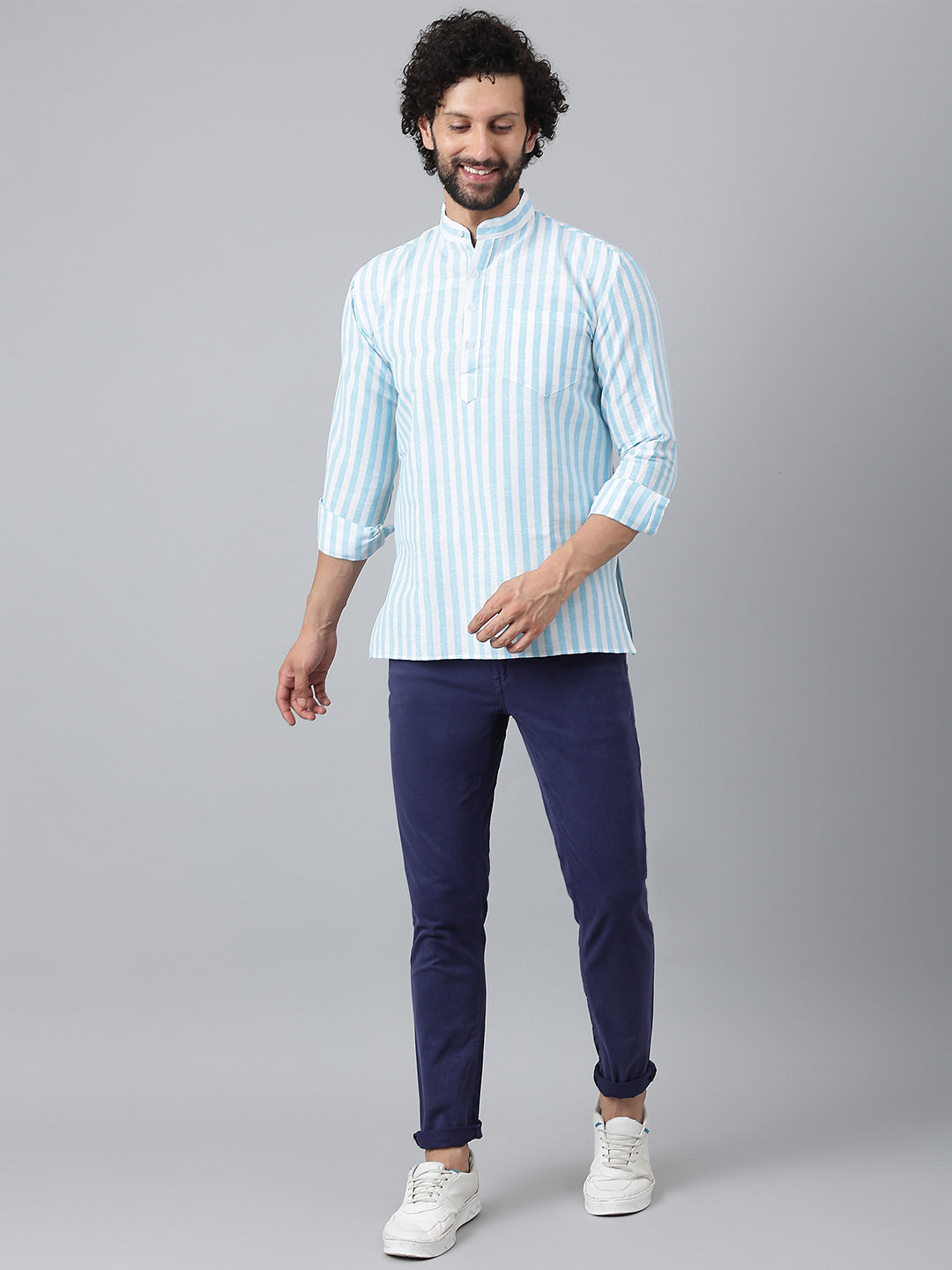 RIAG Blue Color Long Sleeves Casual Men's Cotton Short Kurta