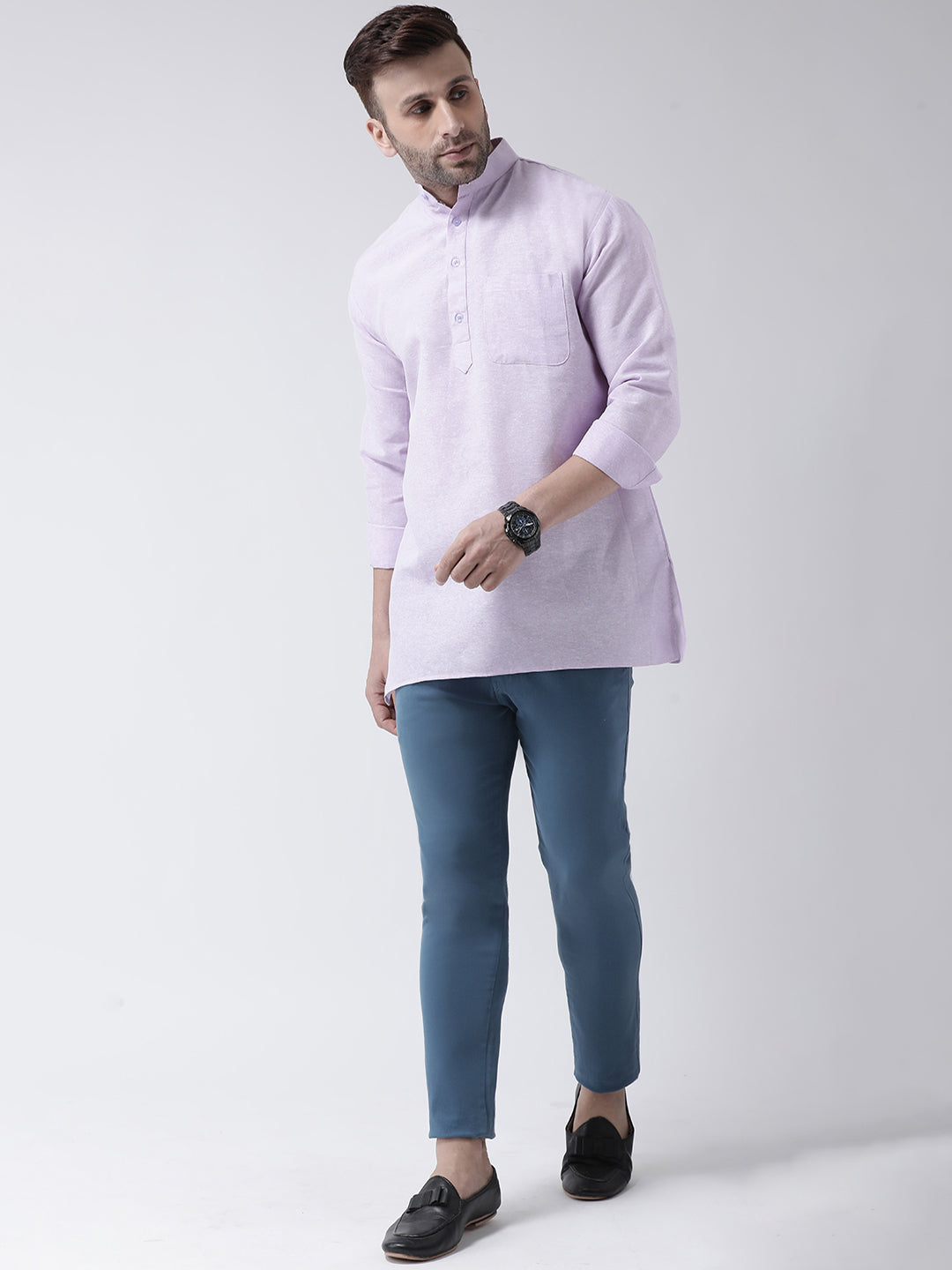 RIAG Purple Color Long Sleeves Men's Cotton Short Kurta