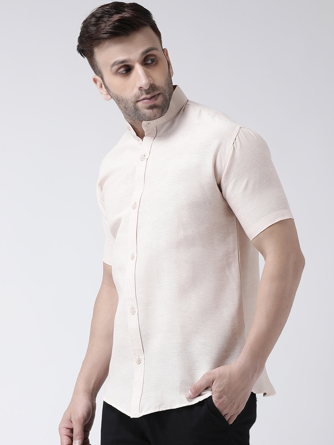 RIAG Beige Men's Chinese Collar Half Sleeves Shirt