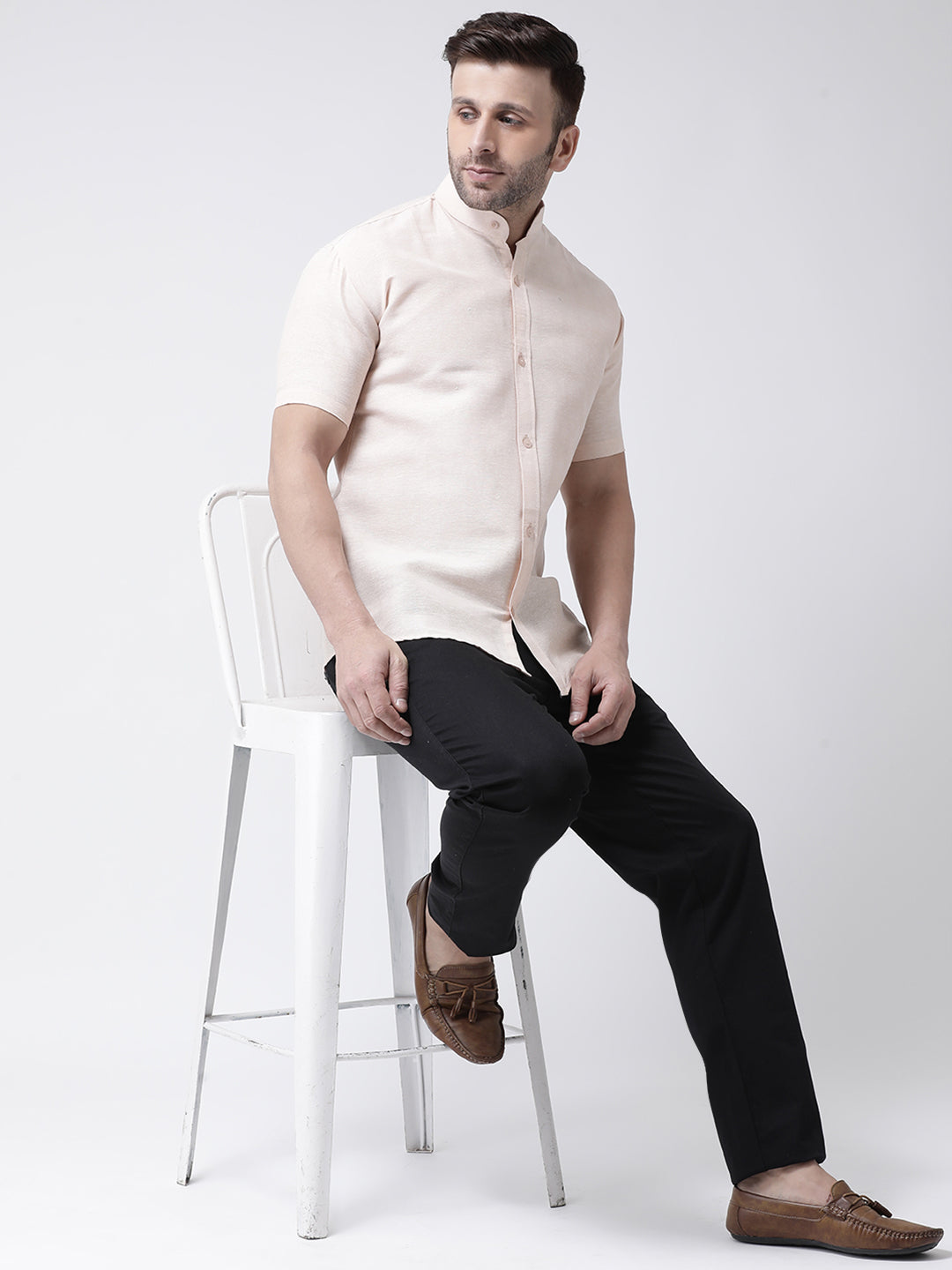 RIAG Beige Men's Chinese Collar Half Sleeves Shirt