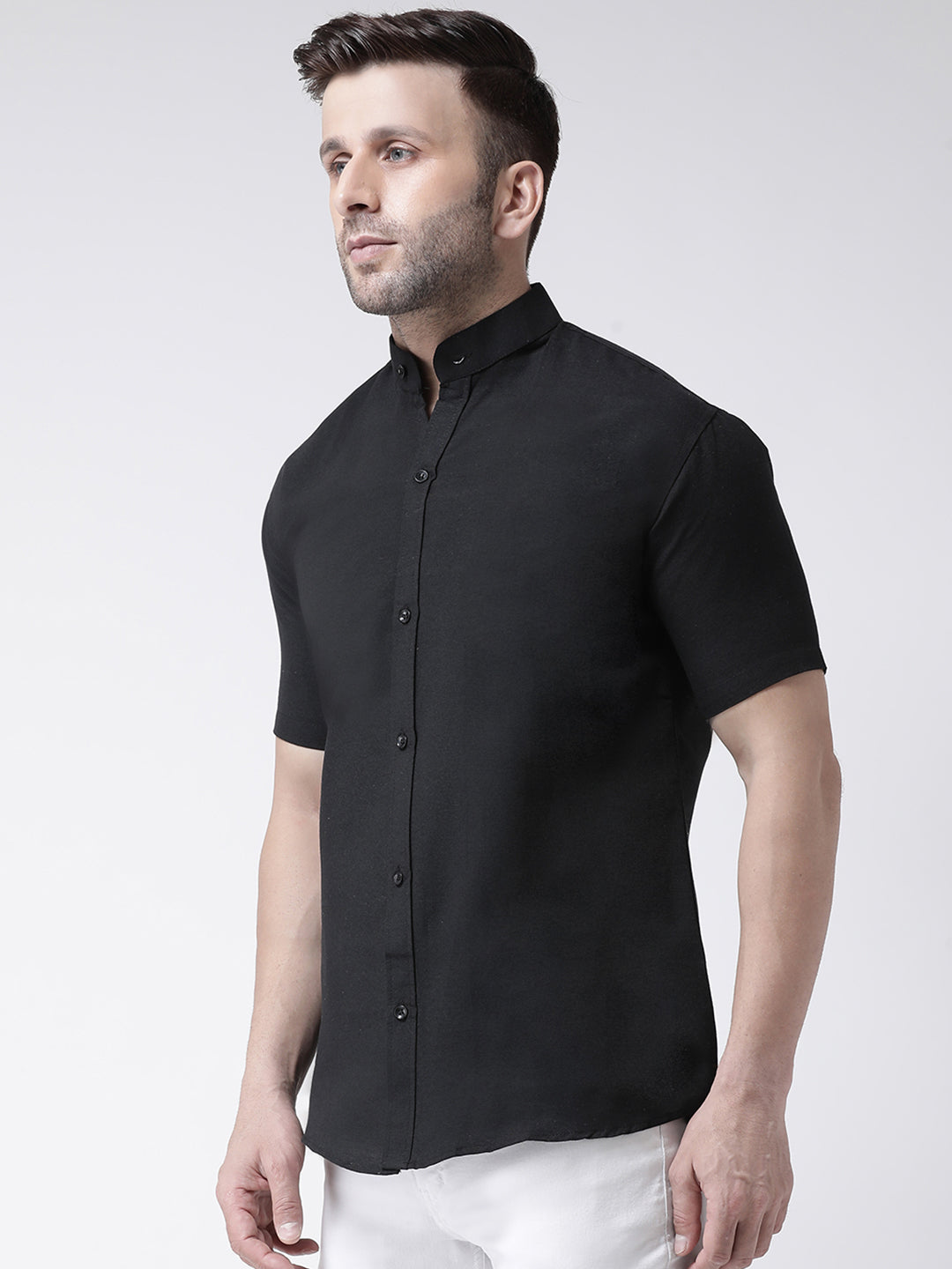RIAG Black Men's Chinese Collar Half Sleeves Shirt