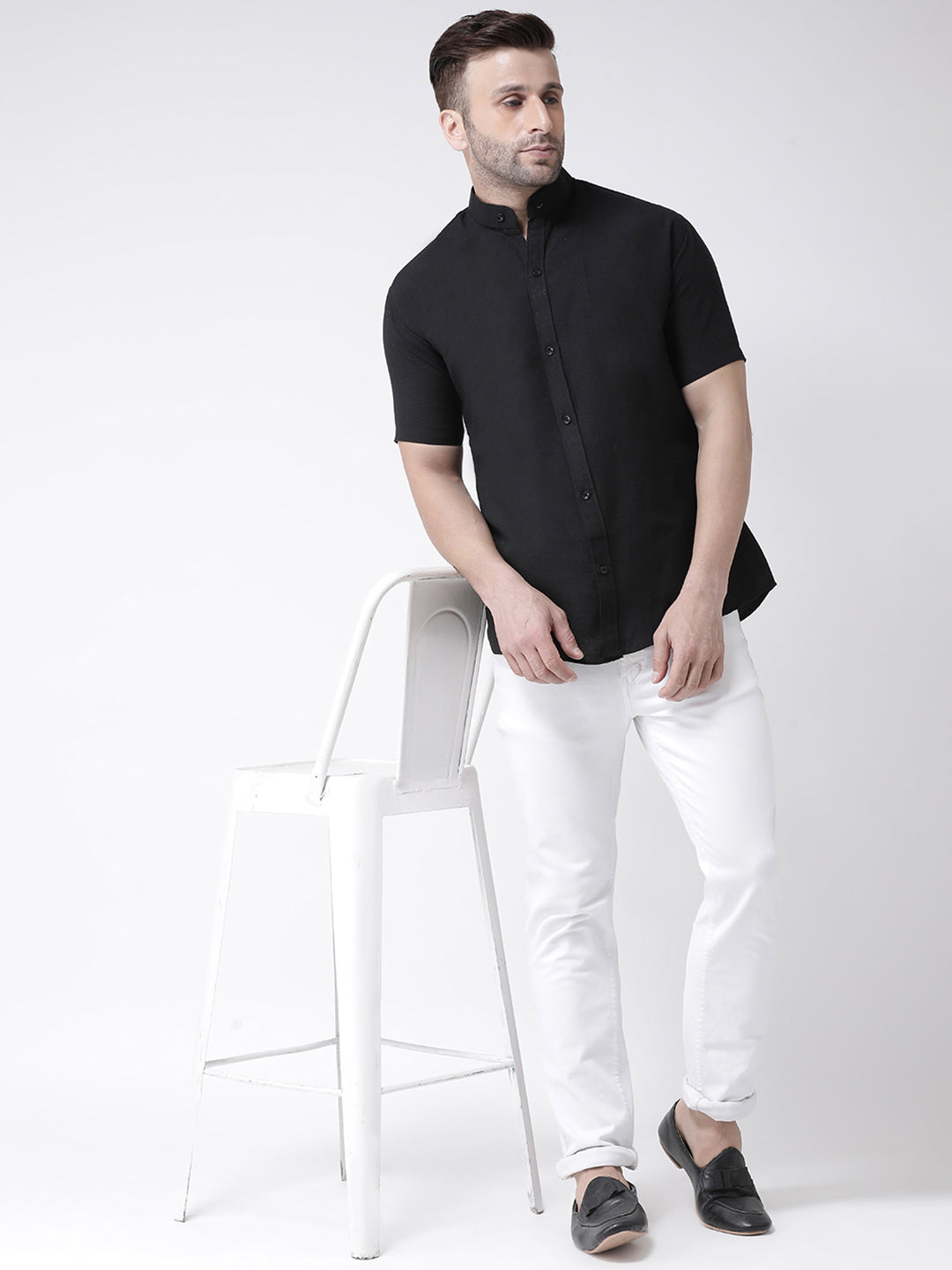 RIAG Black Men's Chinese Collar Half Sleeves Shirt