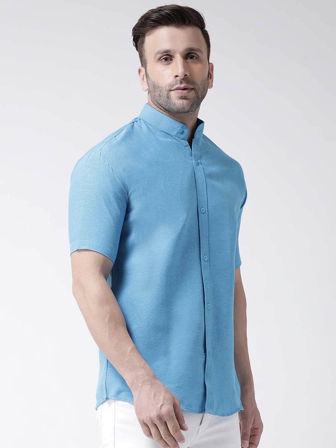 RIAG Firozi Blue Men's Chinese Collar Half Sleeves Shirt