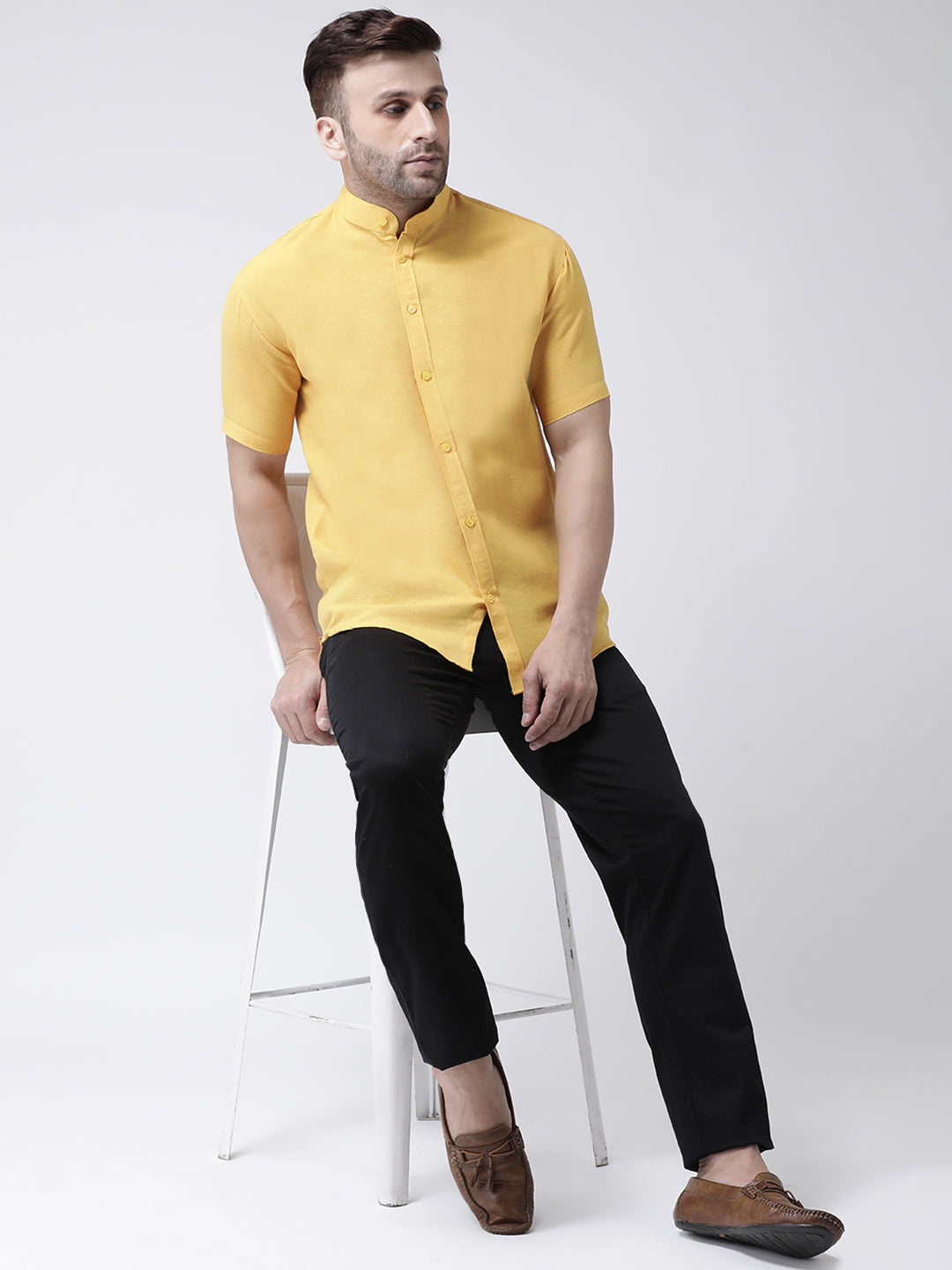 RIAG Mustard Men's Chinese Collar Half Sleeves Shirt