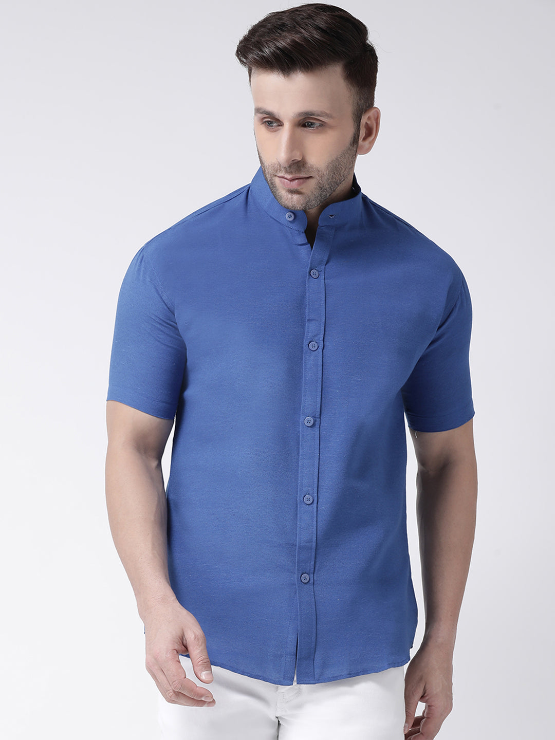 RIAG Navy Blue Men's Chinese Collar Half Sleeves Shirt