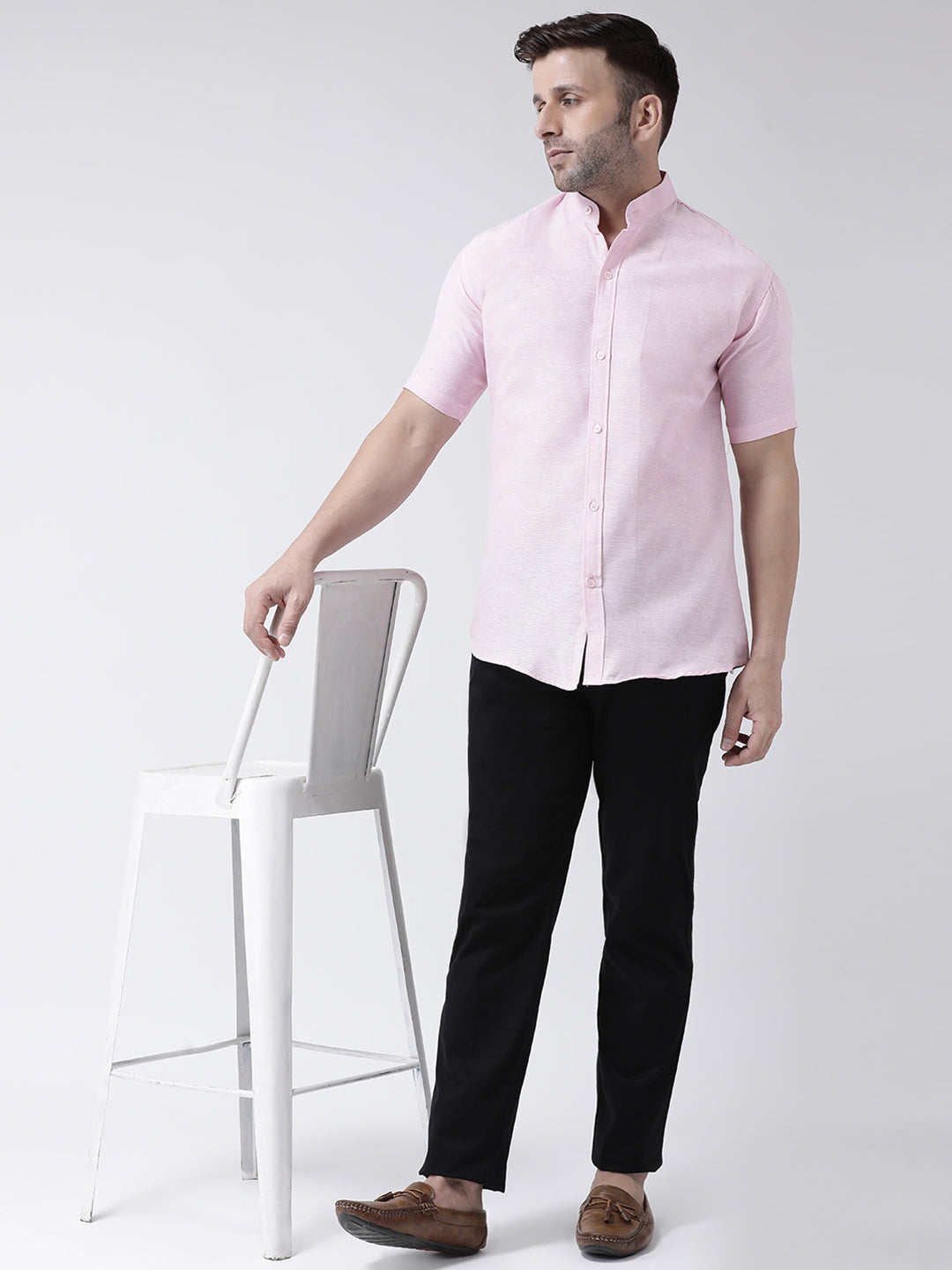 RIAG Pink Men's Chinese Collar Half Sleeves Shirt
