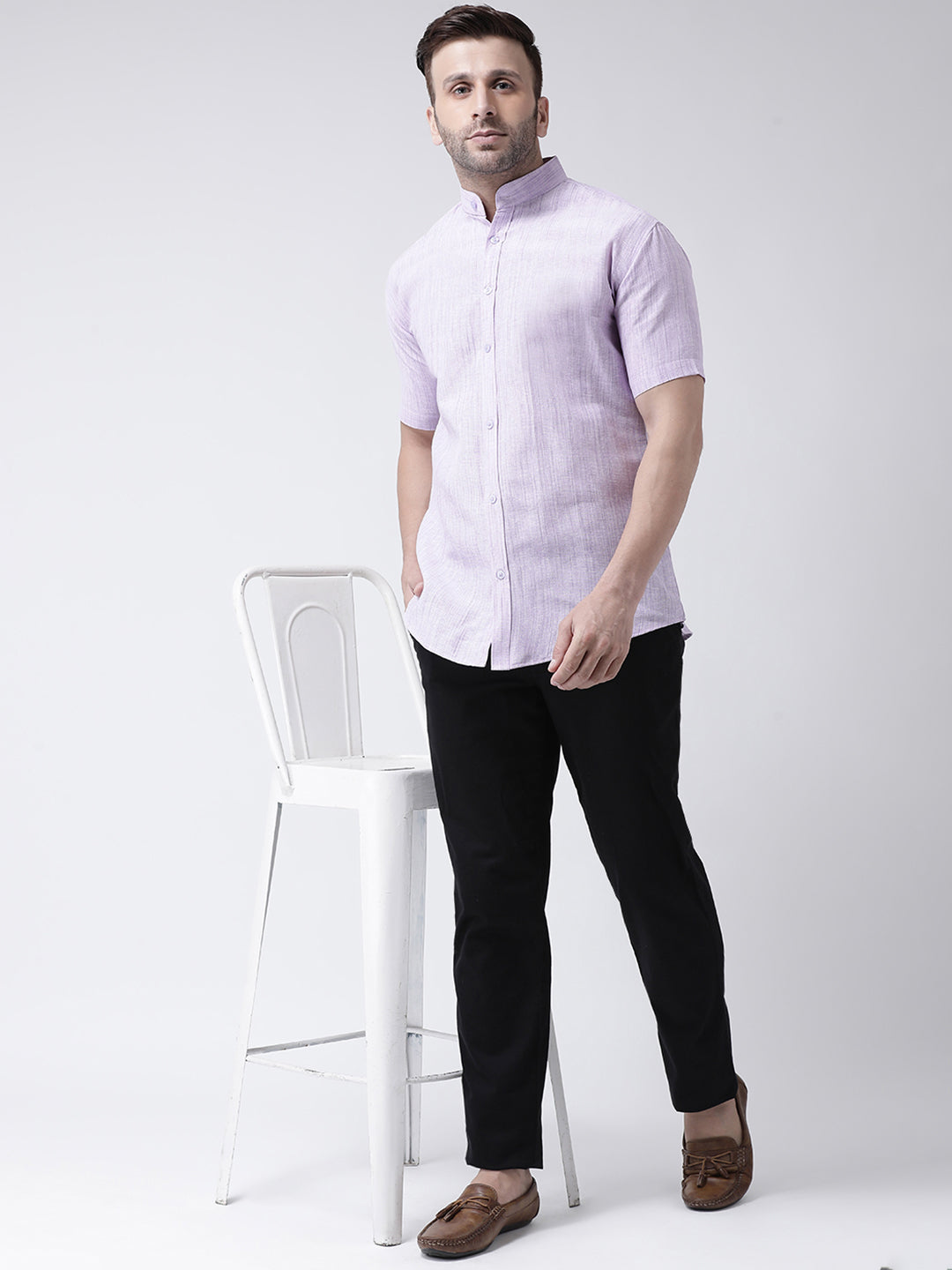 RIAG Purple Men's Chinese Collar Half Sleeves Shirt