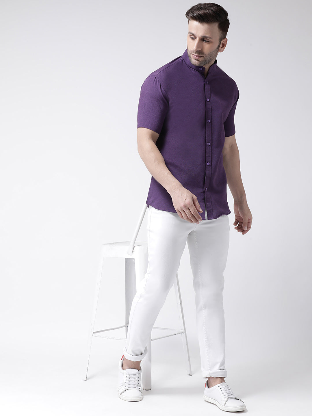 RIAG Purple Men's Chinese Collar Half Sleeves Shirt