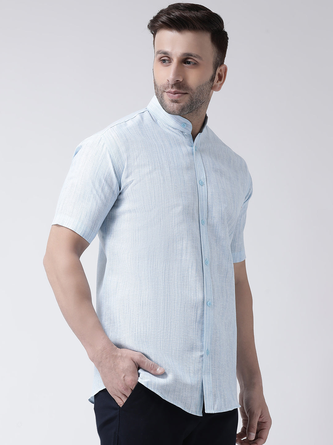 RIAG Sky Blue Men's Chinese Collar Half Sleeves Shirt