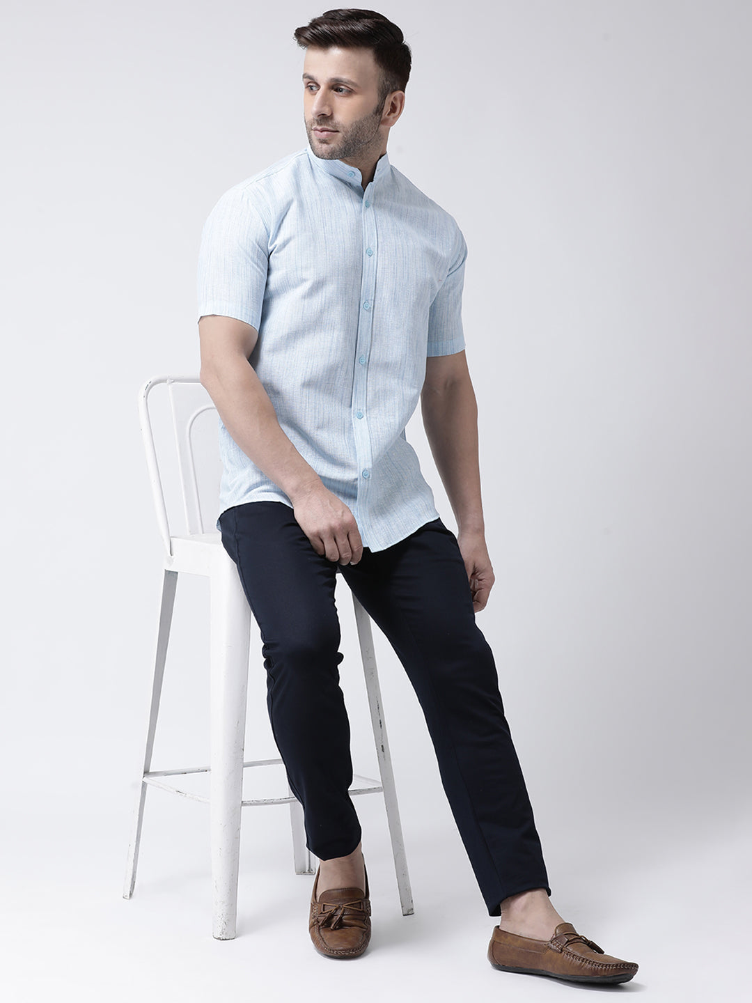 RIAG Sky Blue Men's Chinese Collar Half Sleeves Shirt