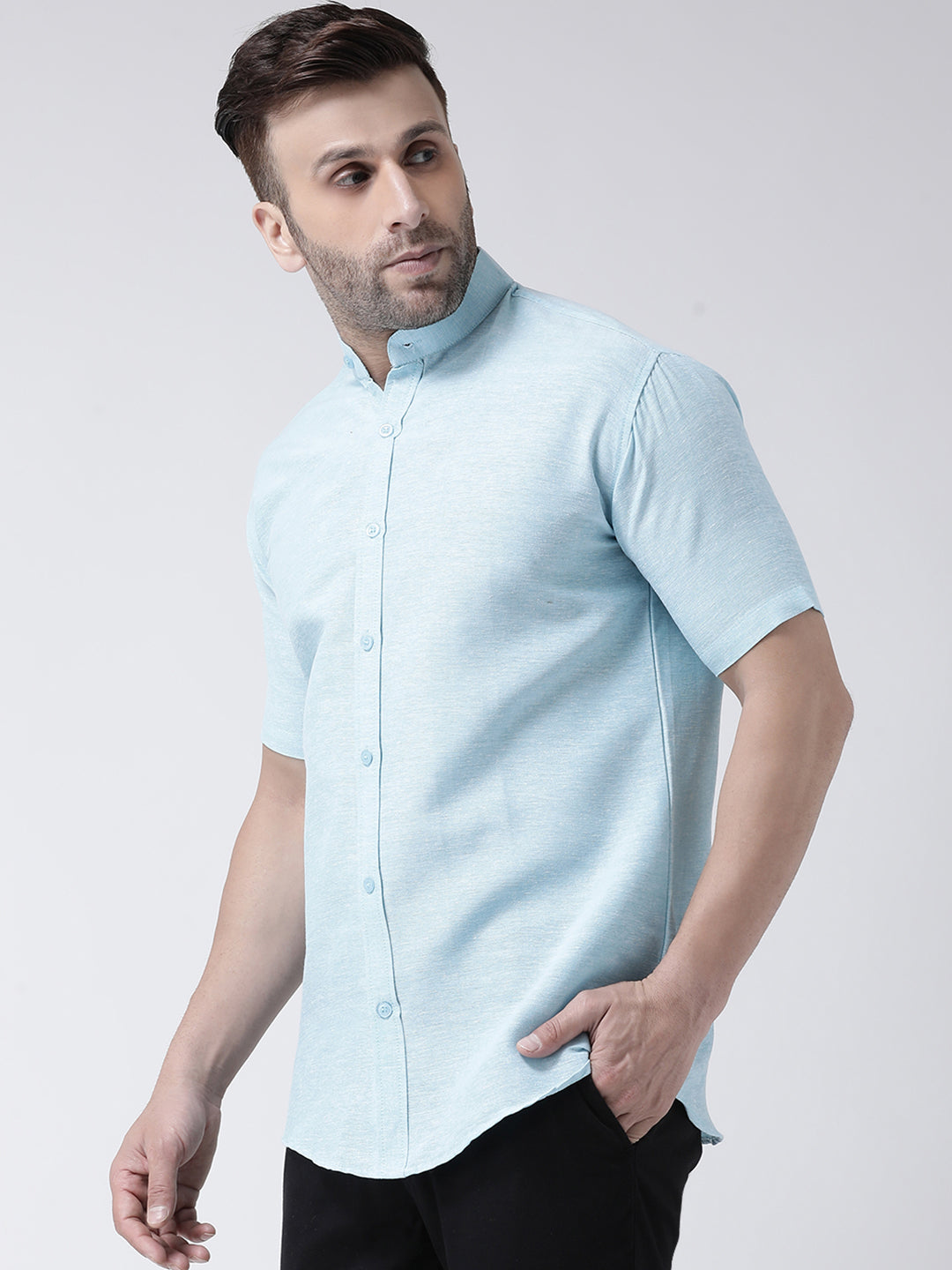 RIAG Sky Blue Men's Chinese Collar Half Sleeves Shirt