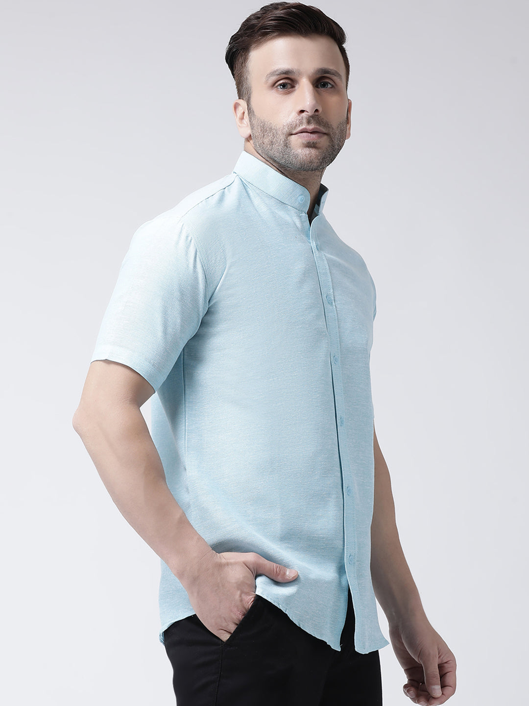 RIAG Sky Blue Men's Chinese Collar Half Sleeves Shirt
