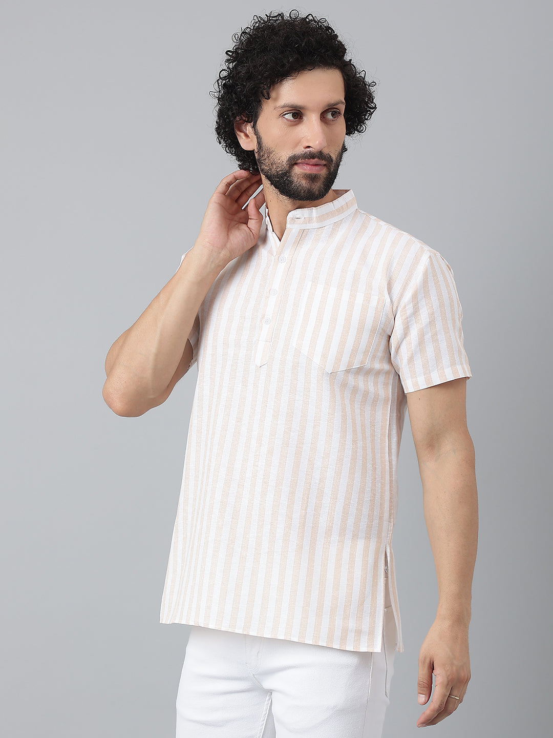 RIAG Beige Color Short Sleeves Casual Men's Cotton Short Kurta