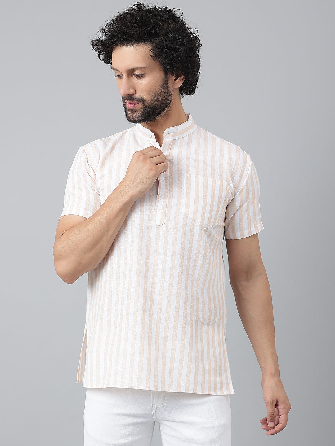 RIAG Beige Color Short Sleeves Casual Men's Cotton Short Kurta
