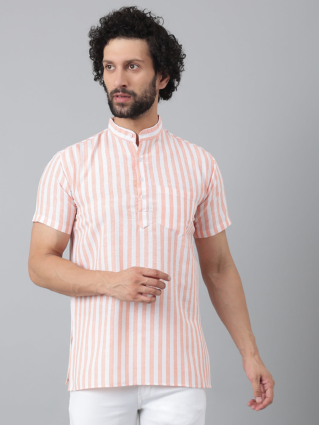 RIAG Orange Color Short Sleeves Casual Men's Cotton Short Kurta
