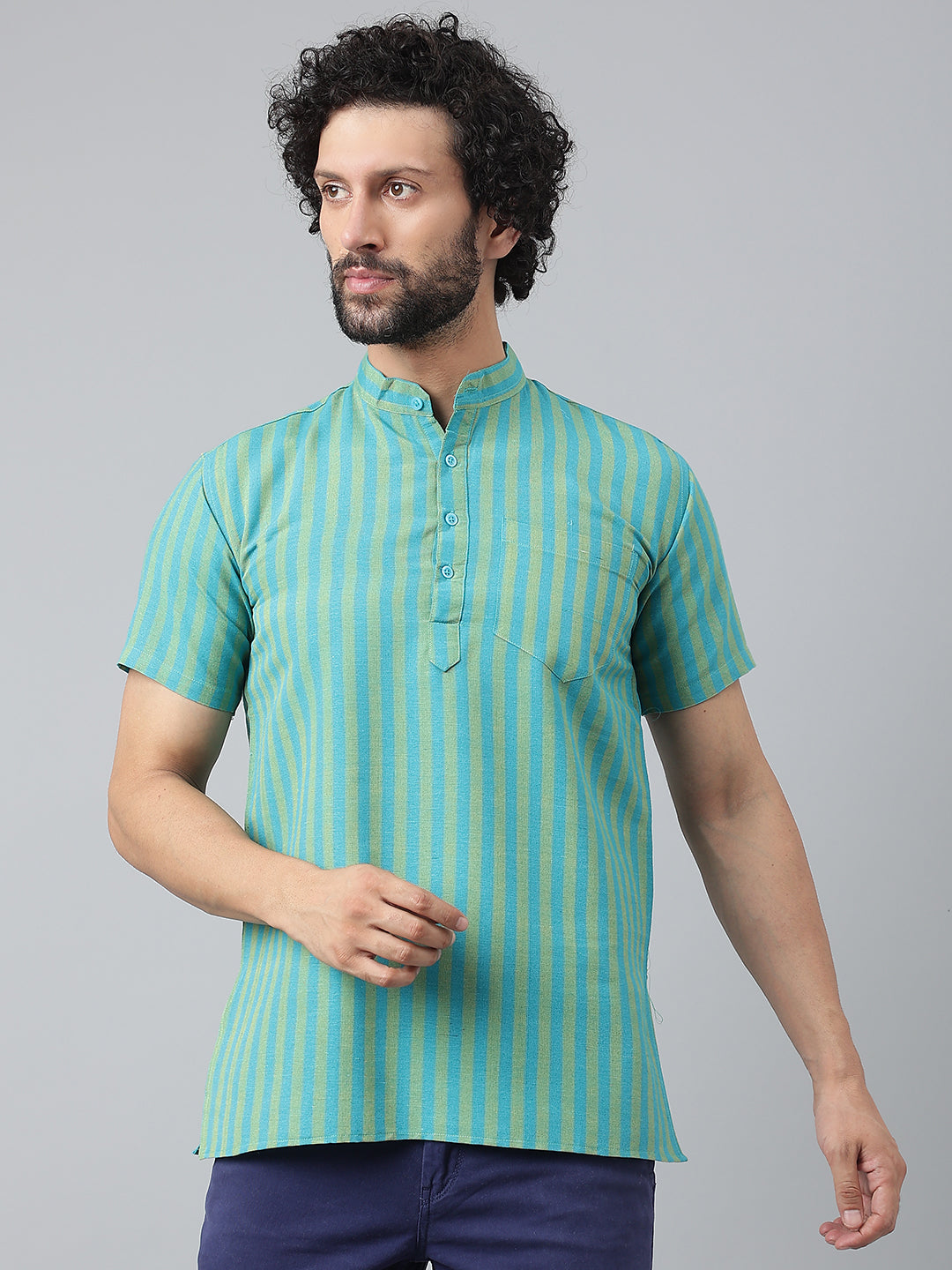 RIAG Blue Color Short Sleeves Casual Men's Cotton Short Kurta