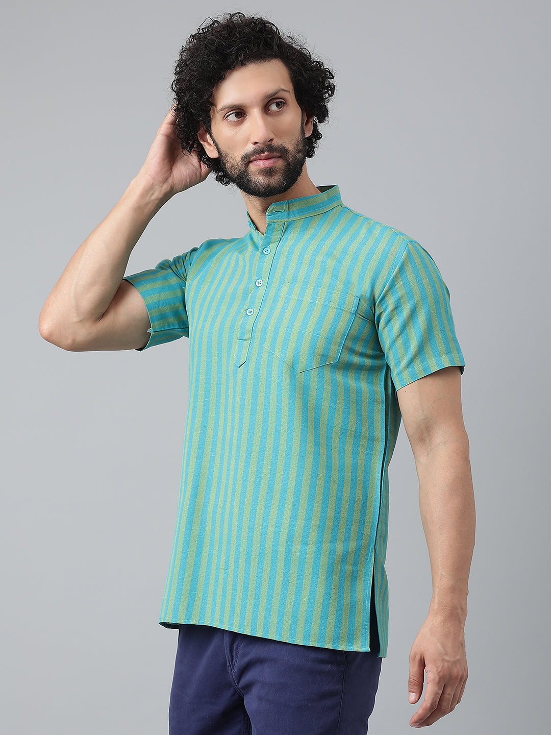 RIAG Blue Color Short Sleeves Casual Men's Cotton Short Kurta
