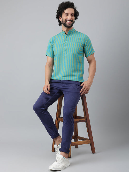 RIAG Blue Color Short Sleeves Casual Men's Cotton Short Kurta