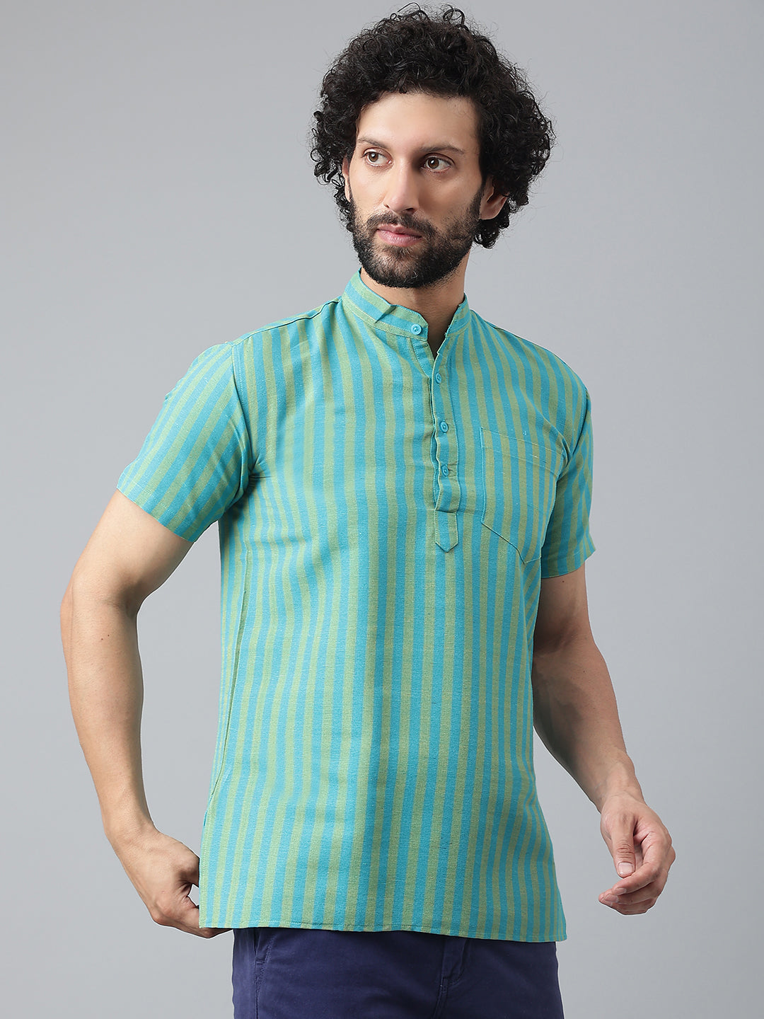 RIAG Blue Color Short Sleeves Casual Men's Cotton Short Kurta