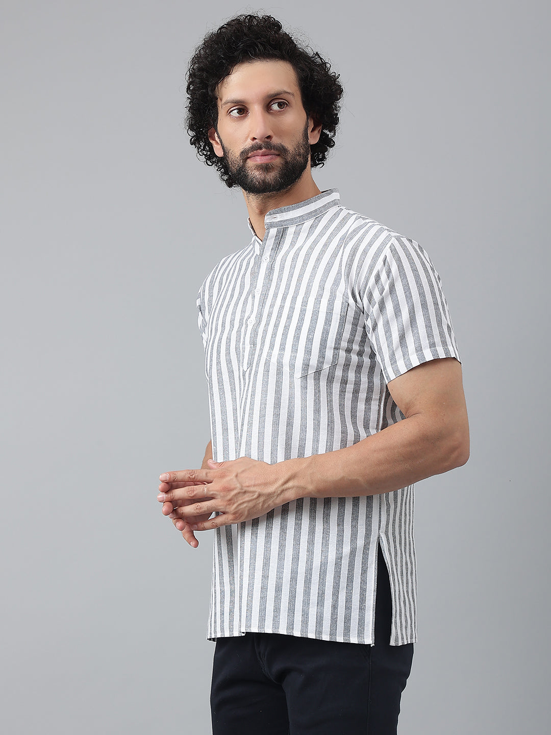 RIAG Grey Color Short Sleeves Casual Men's Cotton Short Kurta