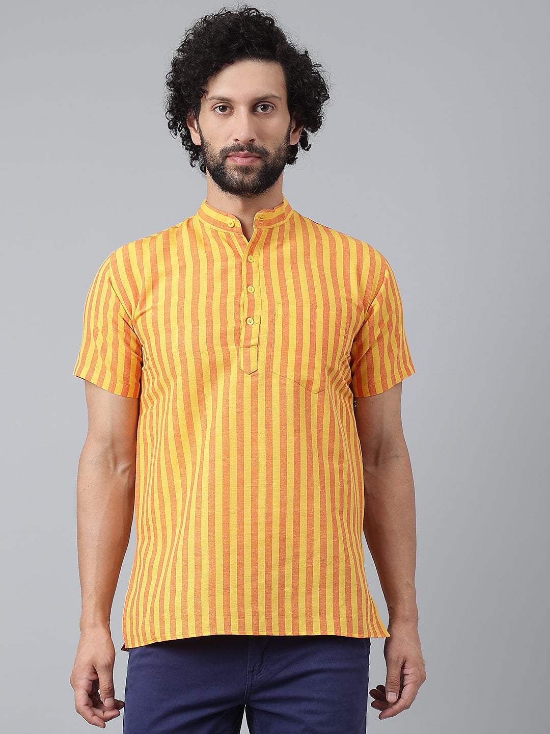 RIAG Yellow Color Short Sleeves Casual Men's Cotton Short Kurta