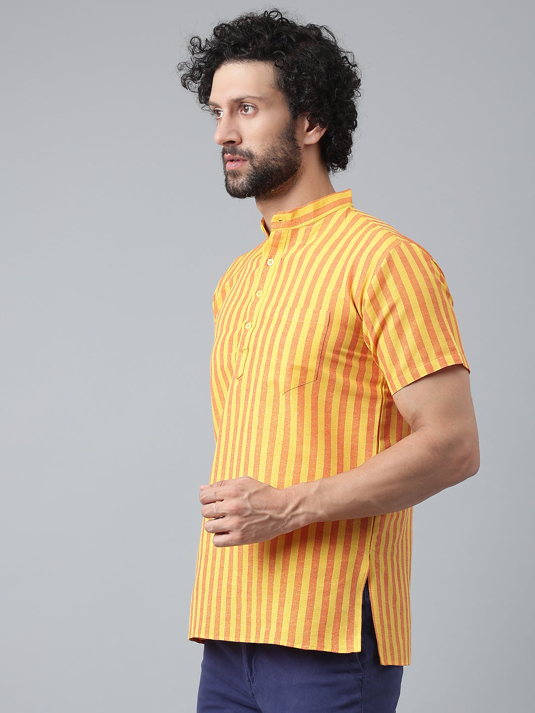 RIAG Yellow Color Short Sleeves Casual Men's Cotton Short Kurta