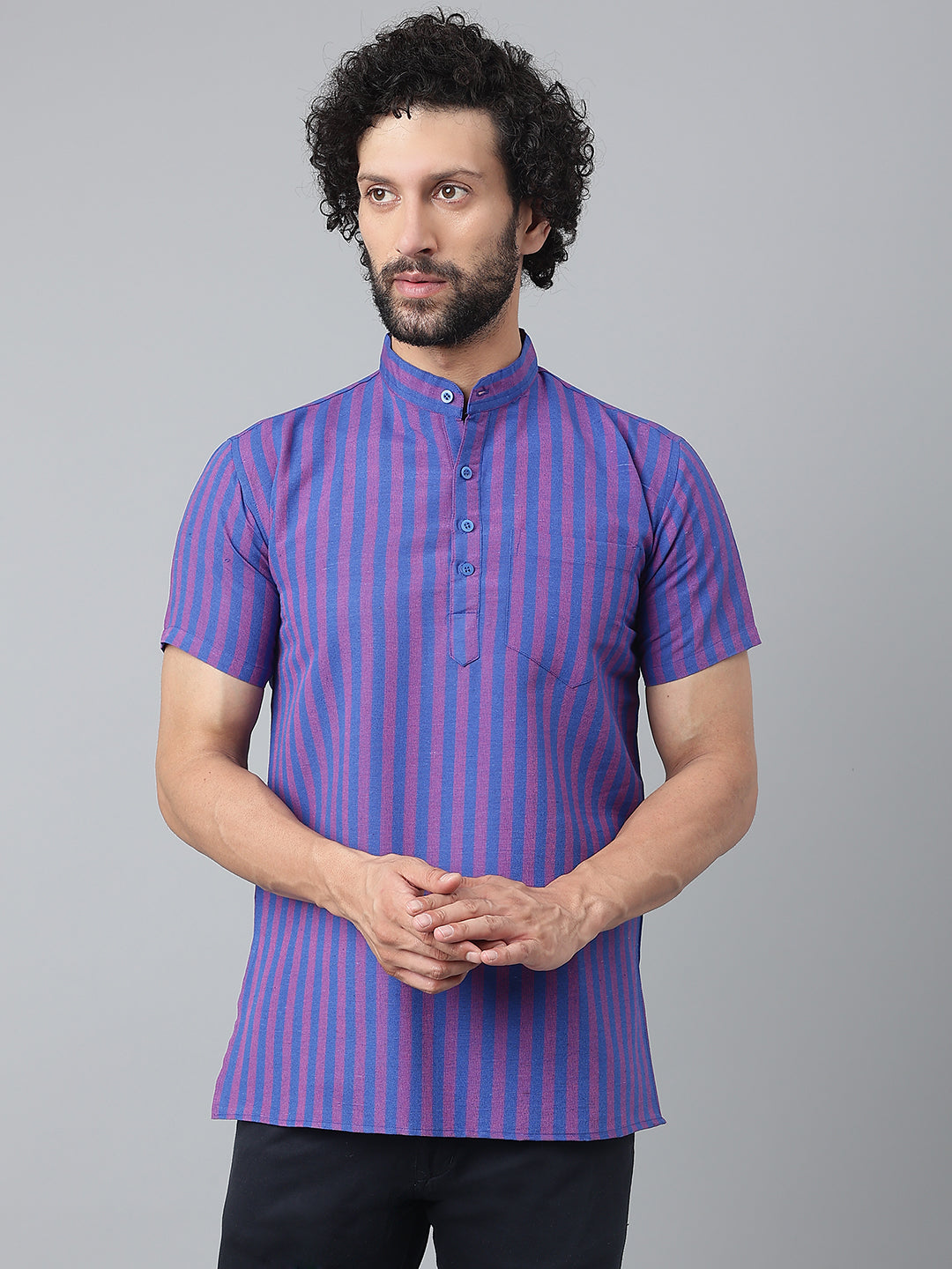 RIAG Navy Blue Color Short Sleeves Casual Men's Cotton Short Kurta