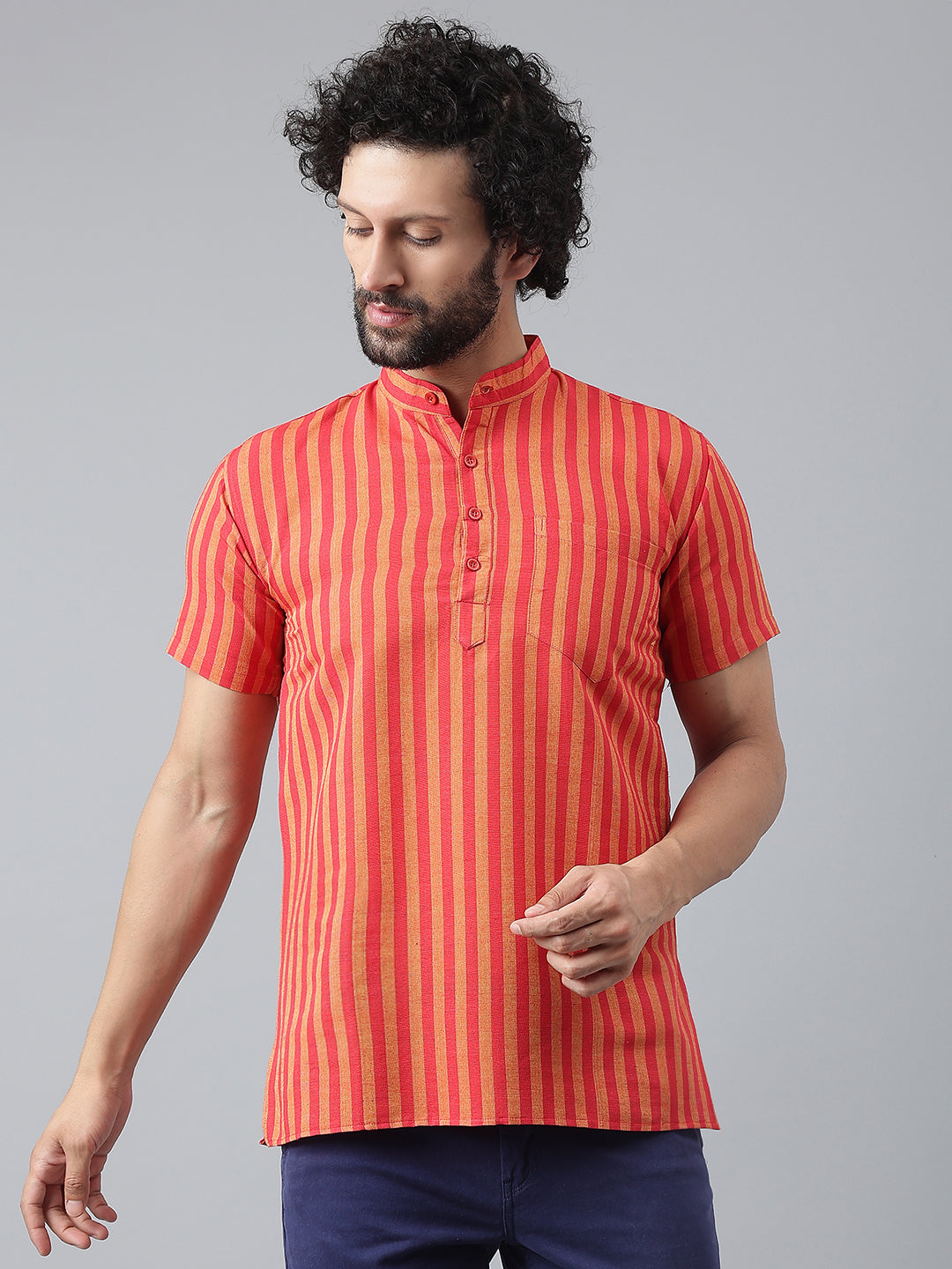 RIAG Red Color Short Sleeves Casual Men's Cotton Short Kurta