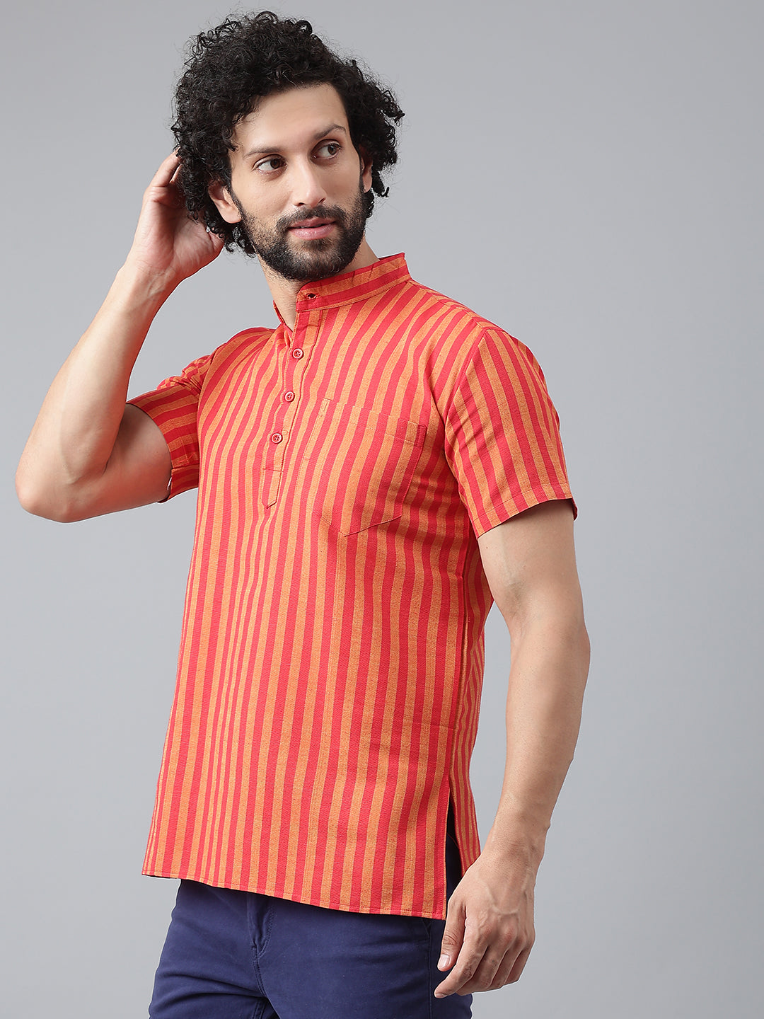 RIAG Red Color Short Sleeves Casual Men's Cotton Short Kurta