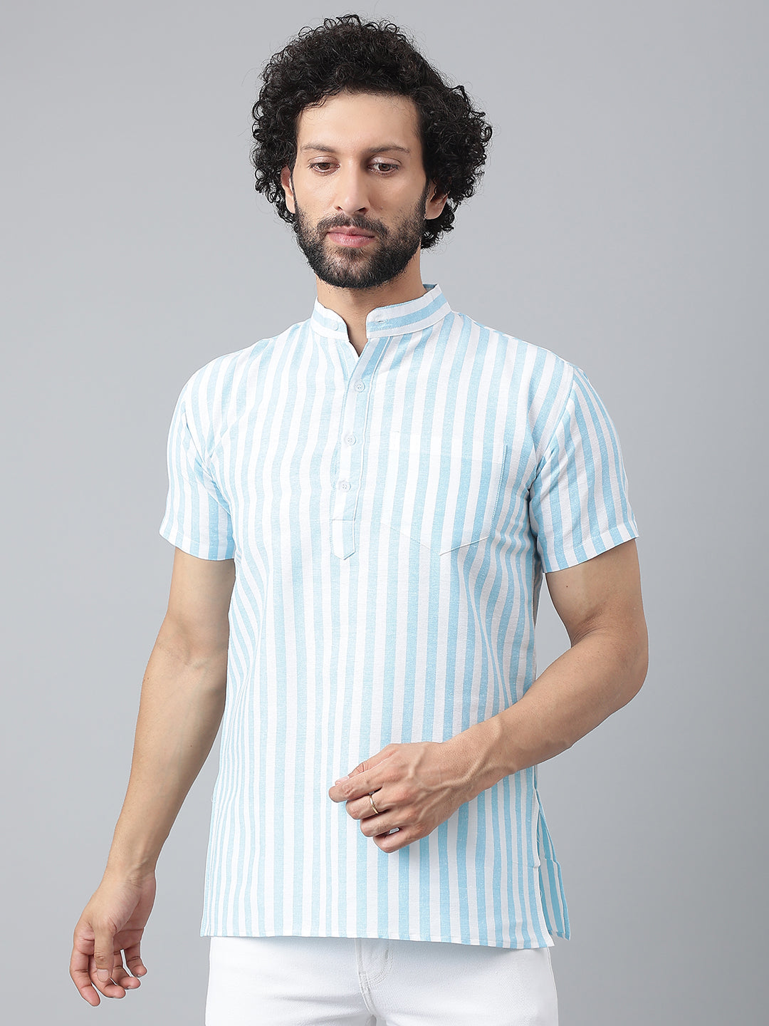 RIAG Blue Color Short Sleeves Casual Men's Cotton Short Kurta