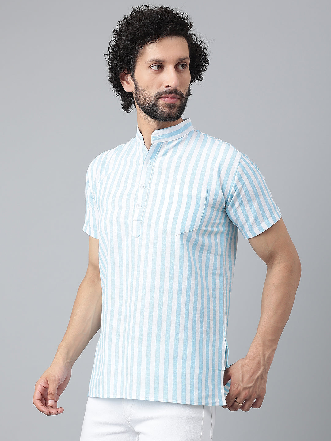 RIAG Blue Color Short Sleeves Casual Men's Cotton Short Kurta