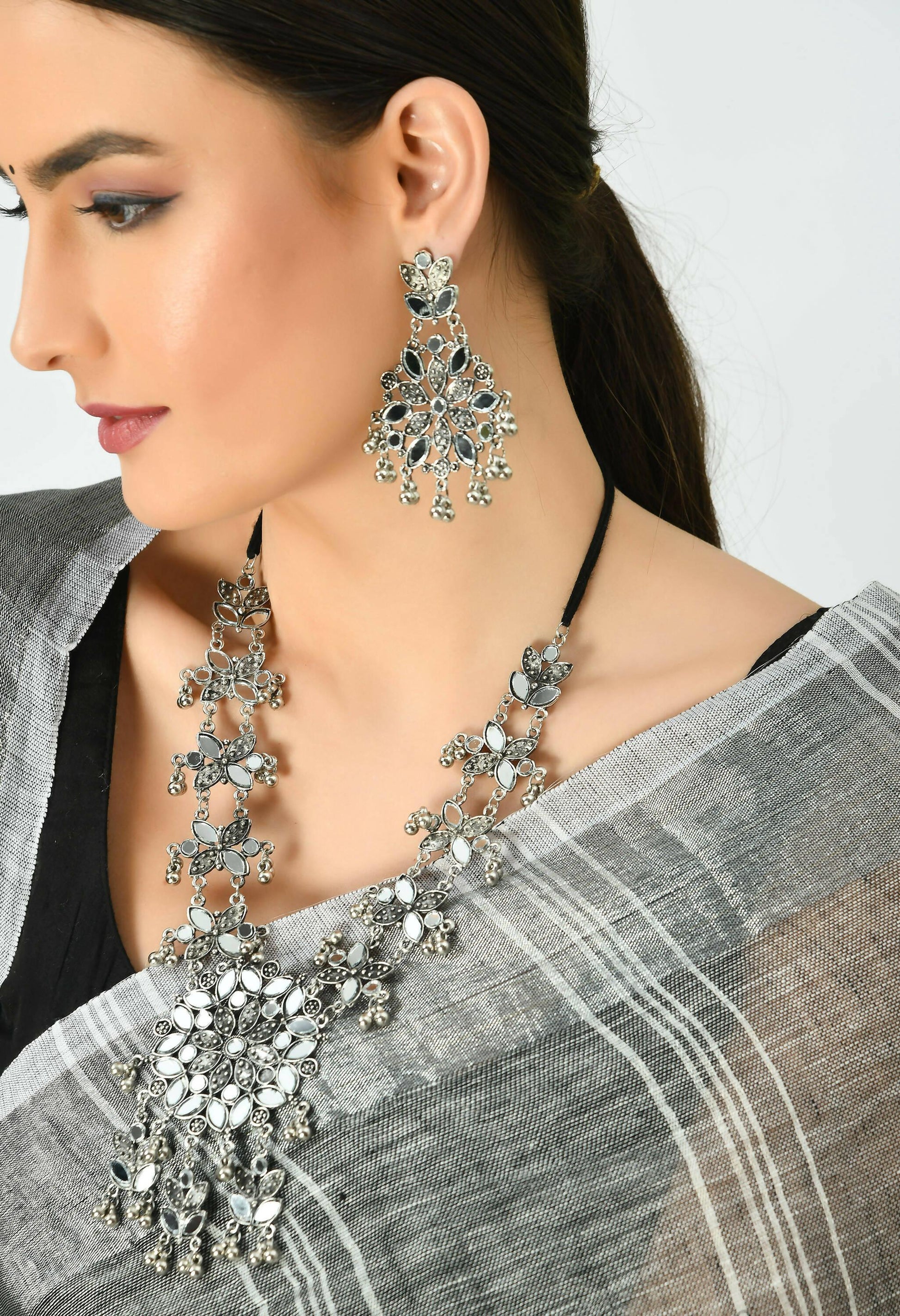 Mominos Fashion Johar Kamal Oxidised Silver-Plated Mirror Work Long Necklace Set - Grab2buy