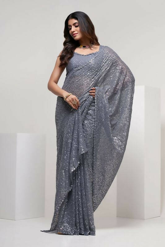 Aastha Fashion Women's Grey Thread & Multi Sequins Embroidery Work Georgette Saree with Blouse - Grab2buy