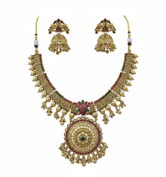 Jewel City Traditional Gold-Plated Temple Necklace Set with Jhumka Earrings for Bridal & Festive Wear