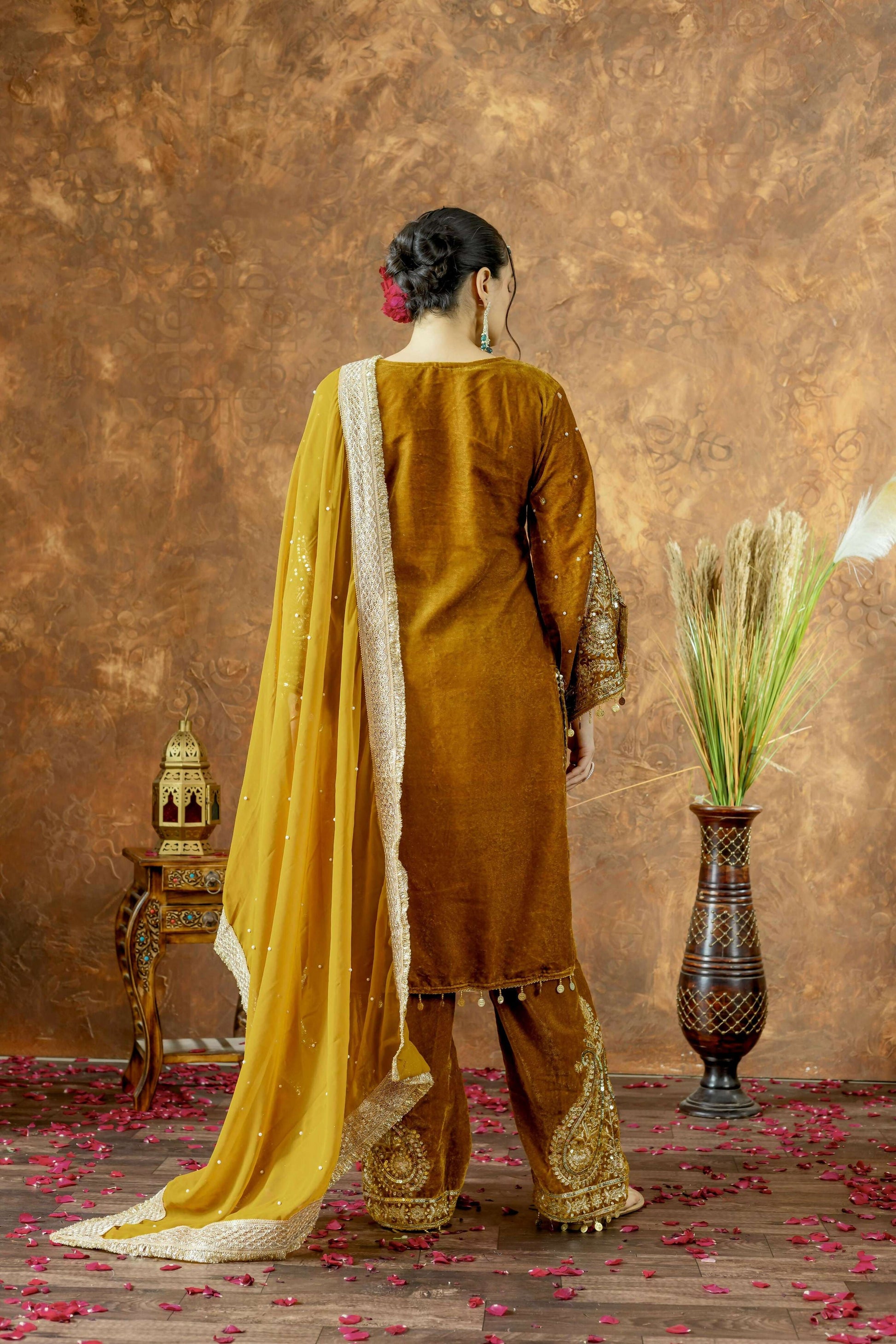 Joban Fashion Mustard Gold Velvet Embroidery Kurta Set