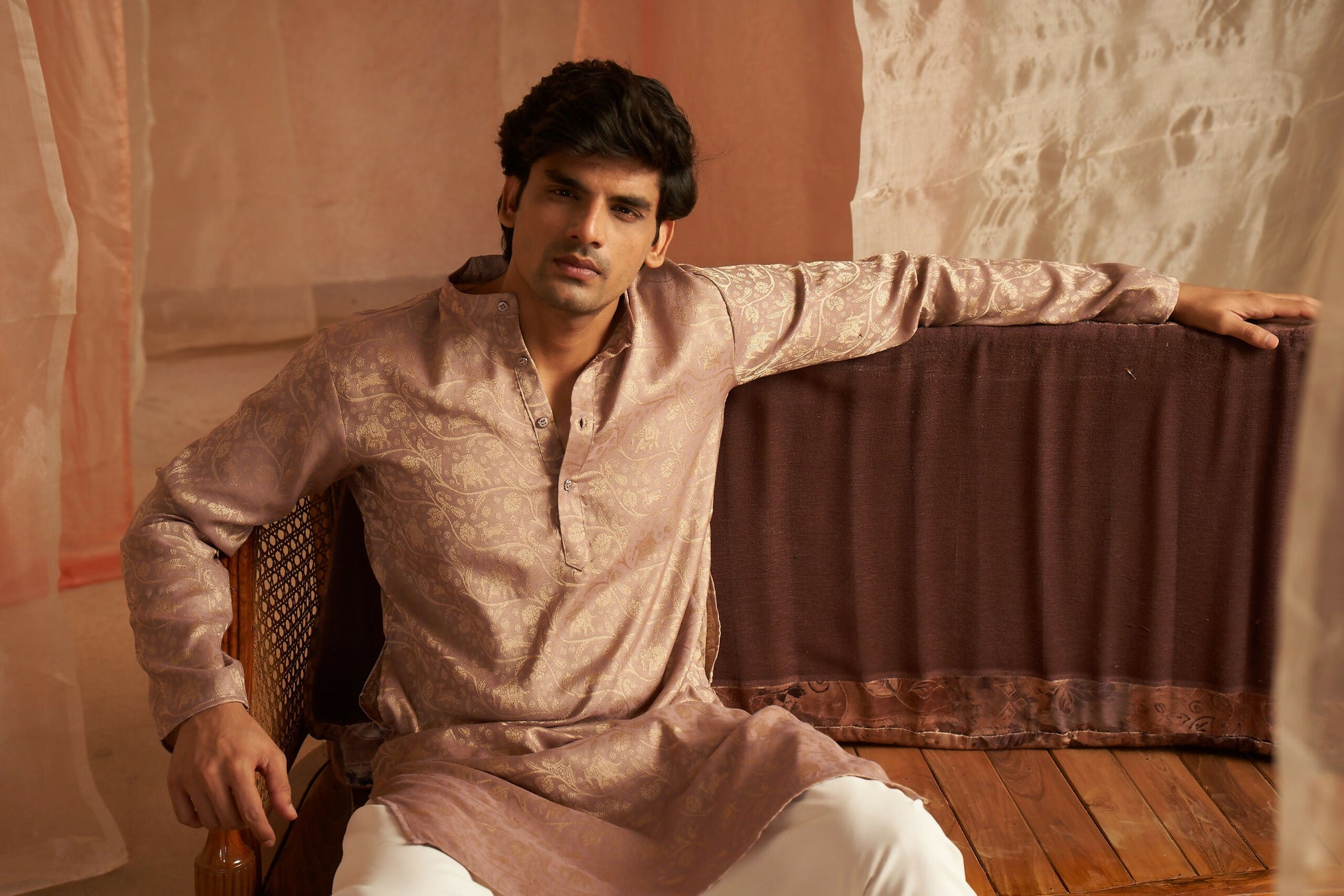 Mauve Modal Silk Wevon Designer Men's Kurta Set - Mahotsav