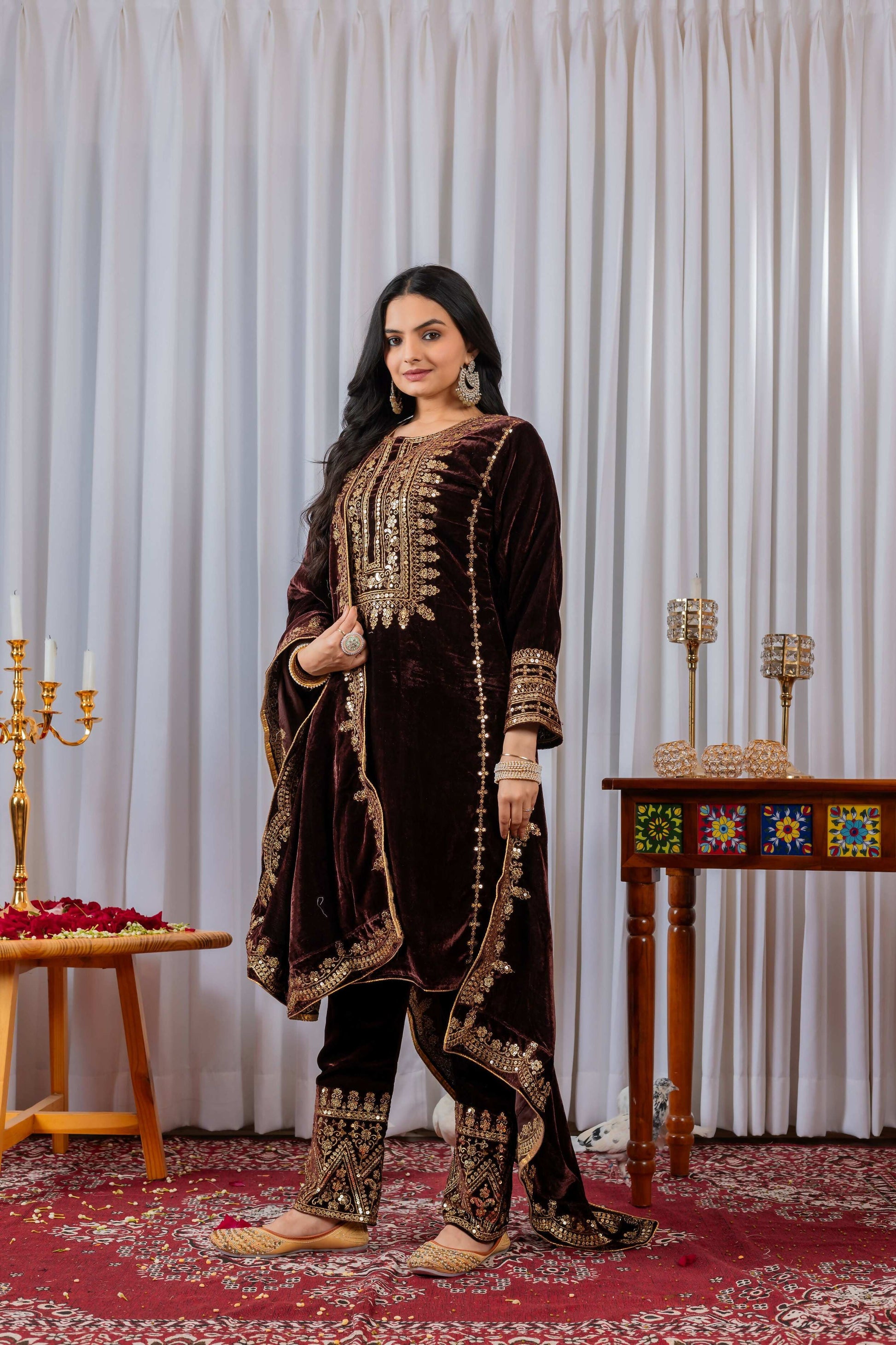 Teeya Creation Maroon Color Velvet Designer Embroidery Work party Wear Suit
