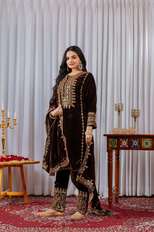 Teeya Creation Maroon Color Velvet Designer Embroidery Work party Wear Suit