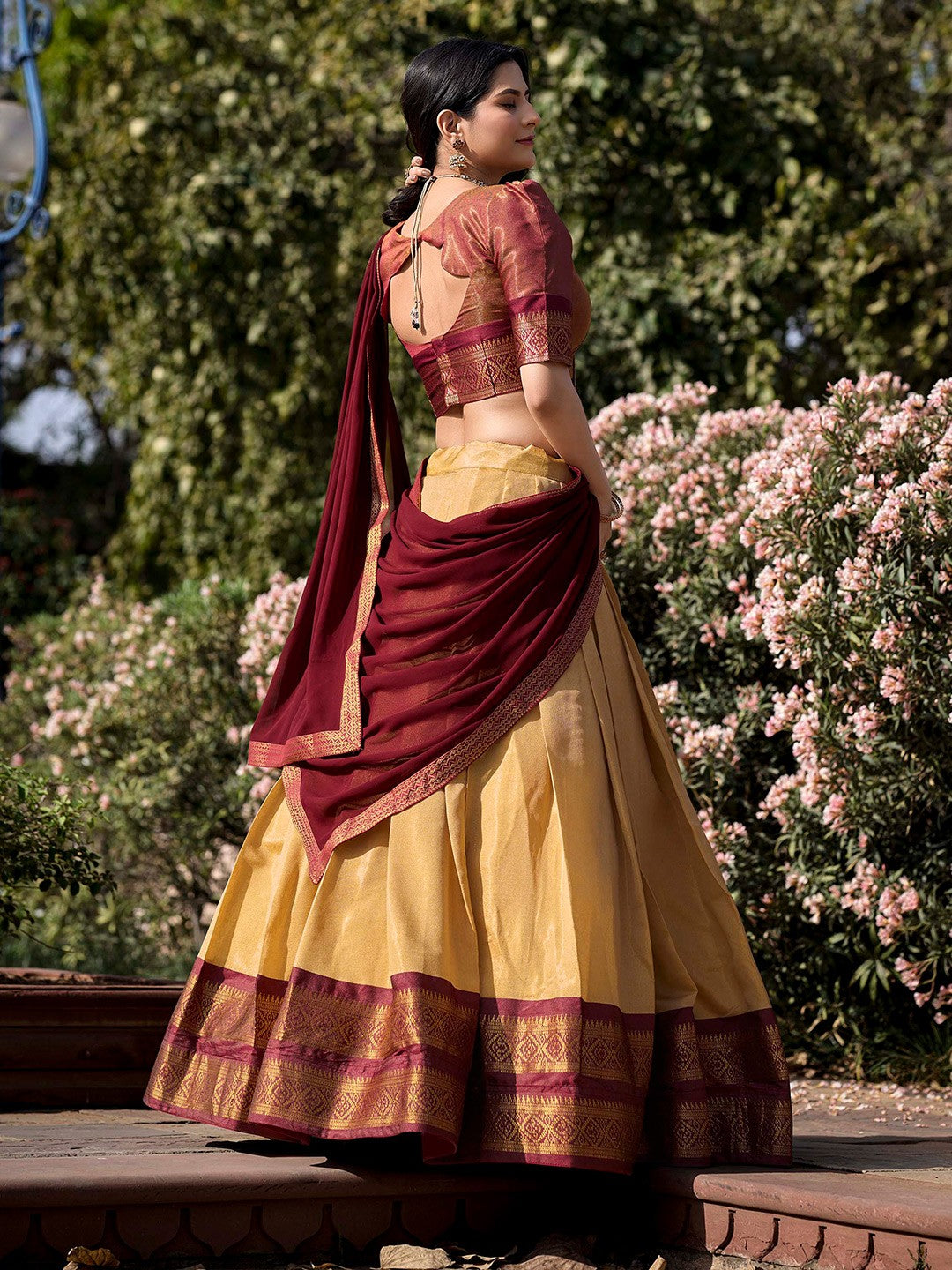 Lorenvalley Cream Kanchipuram Zari Weaving Work Lehenga Choli with Dupatta 