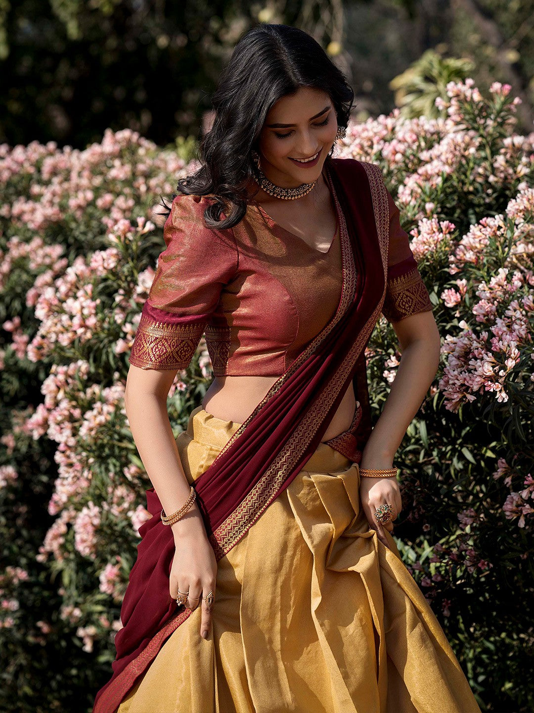 Lorenvalley Cream Kanchipuram Zari Weaving Work Lehenga Choli with Dupatta 