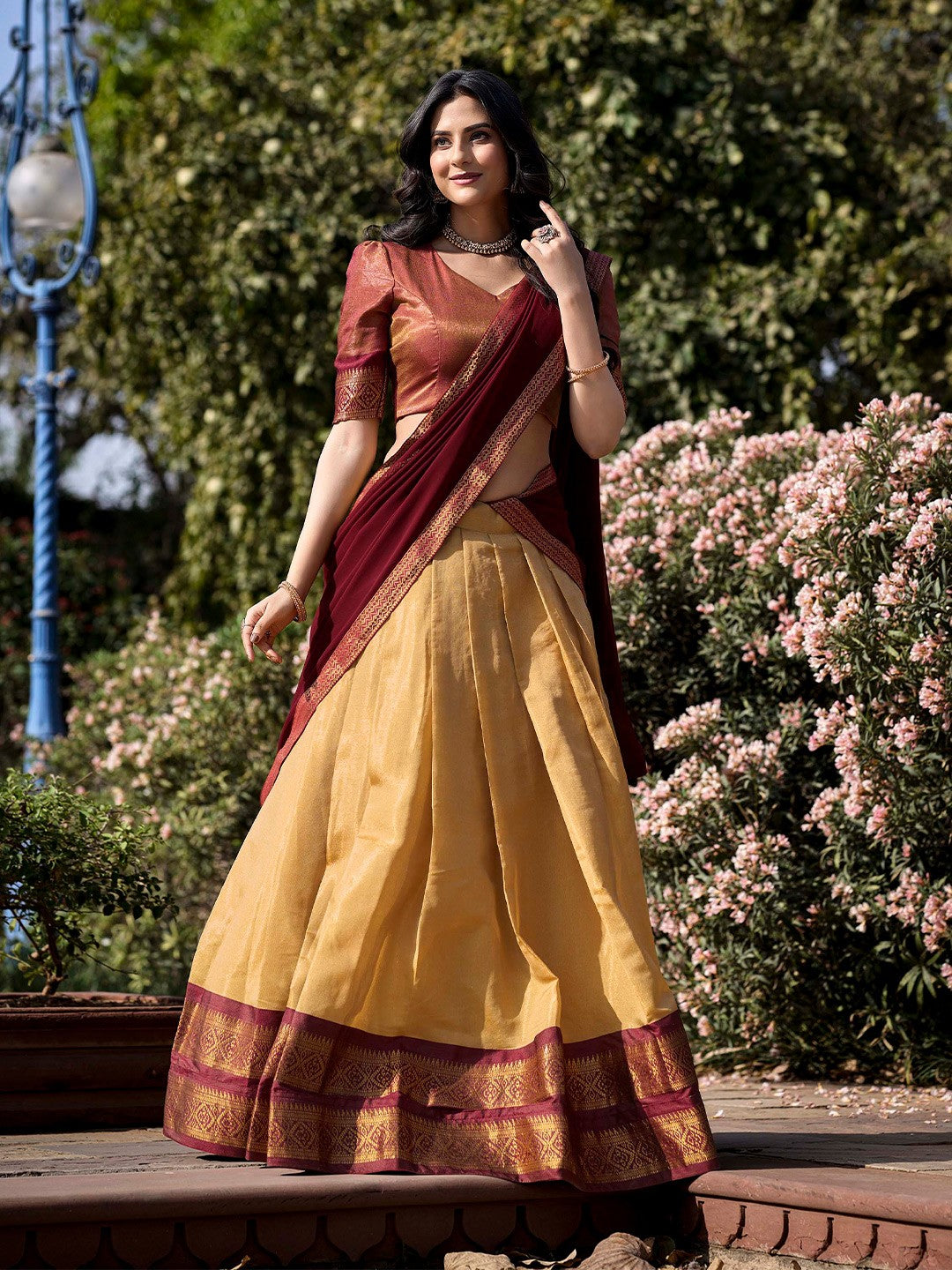 Lorenvalley Cream Kanchipuram Zari Weaving Work Lehenga Choli with Dupatta 