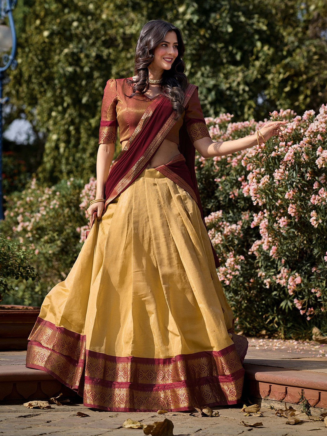 Lorenvalley Cream Kanchipuram Zari Weaving Work Lehenga Choli with Dupatta 