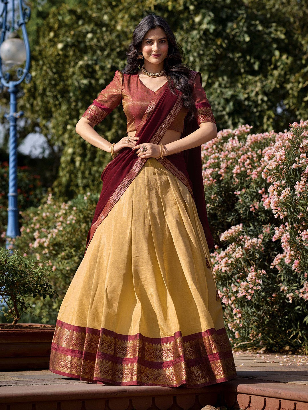Lorenvalley Cream Kanchipuram Zari Weaving Work Lehenga Choli with Dupatta 