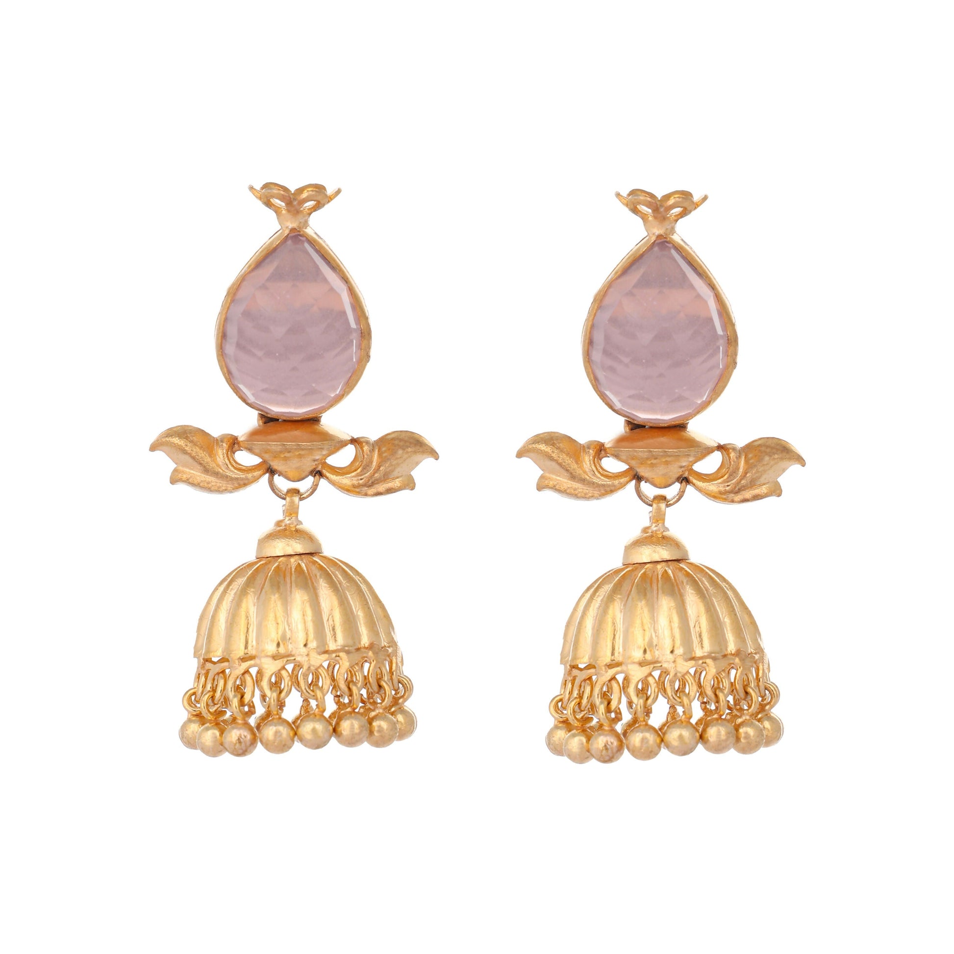 Nuyug 22K Gold Plated Rose Quartz Stone Studded Ethnic Jhumkas | Swadesiicart