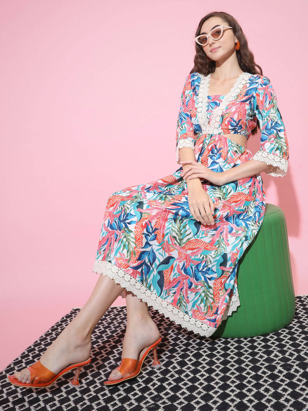 Myshka Women's Multi Floral Printed Fit and Flare Dress