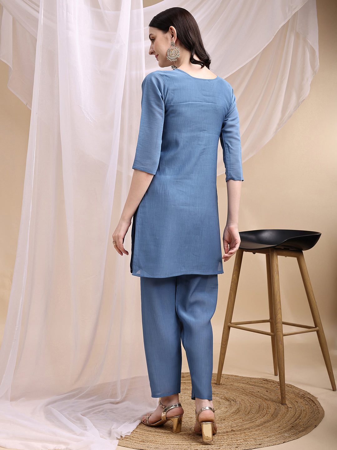 Hand Embroidered & Painted Kurta With Pant, Blue - Hiral Fashion