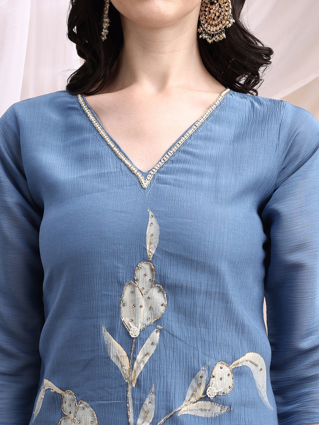 Hand Embroidered & Painted Kurta With Pant, Blue - Hiral Fashion