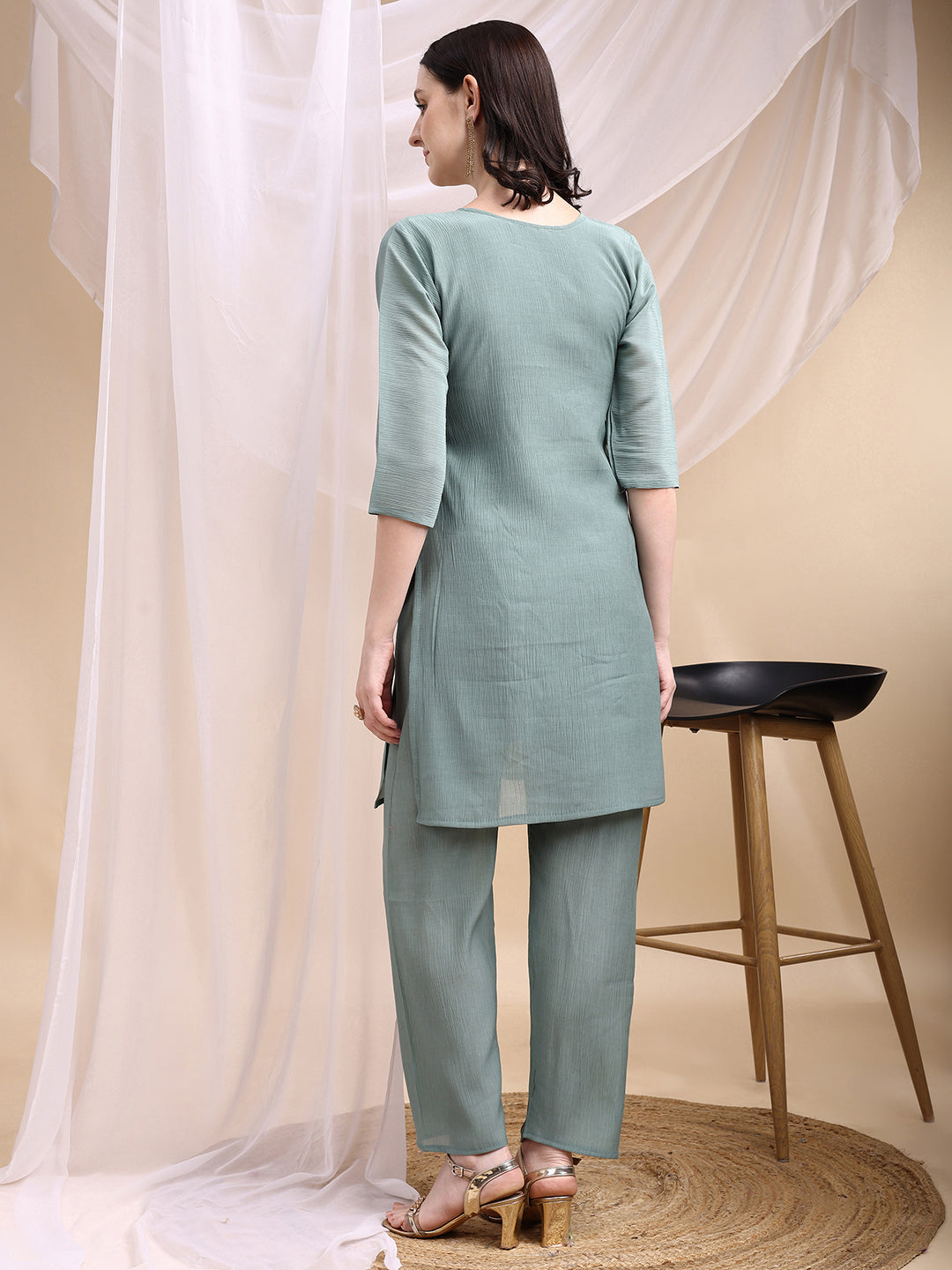 Hand Embroidered & Painted Kurta With Pant, Green - Hiral Fashion