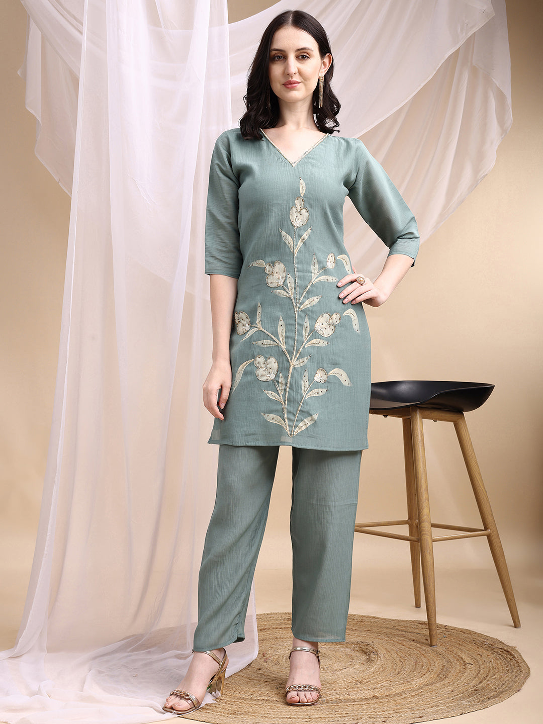 Hand Embroidered & Painted Kurta With Pant, Green - Hiral Fashion