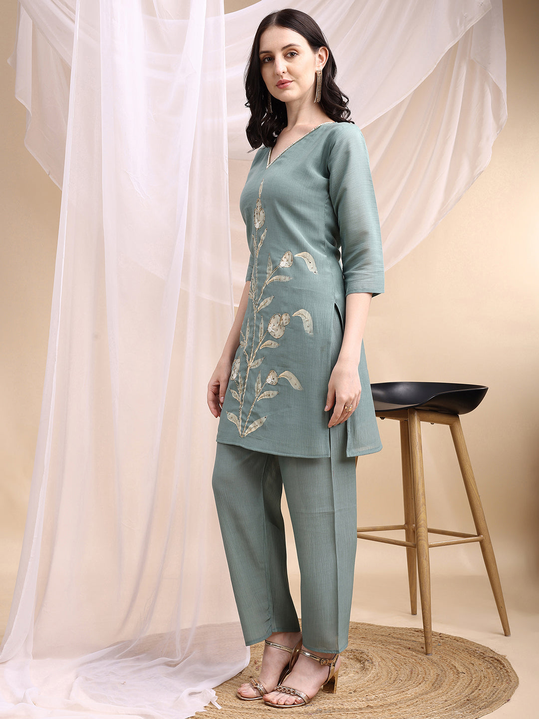 Hand Embroidered & Painted Kurta With Pant, Green - Hiral Fashion